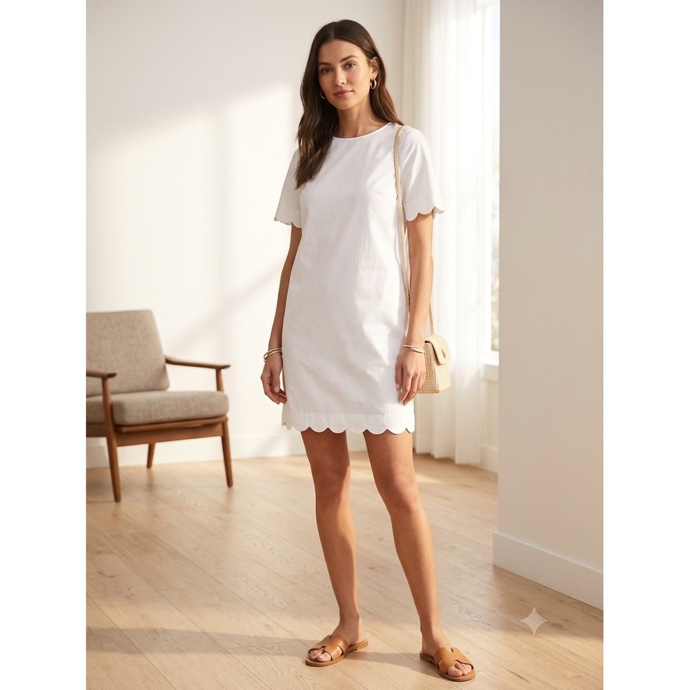 COS White Scalloped Edge Cotton Shift Mini‎ Dress Womens 4 New With Tags